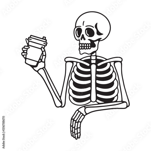 skeleton with a glass of coffee in his hand on a white background