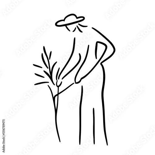 Stylized vector depiction of a person tending to plants with gardening tools in a serene outdoor setting