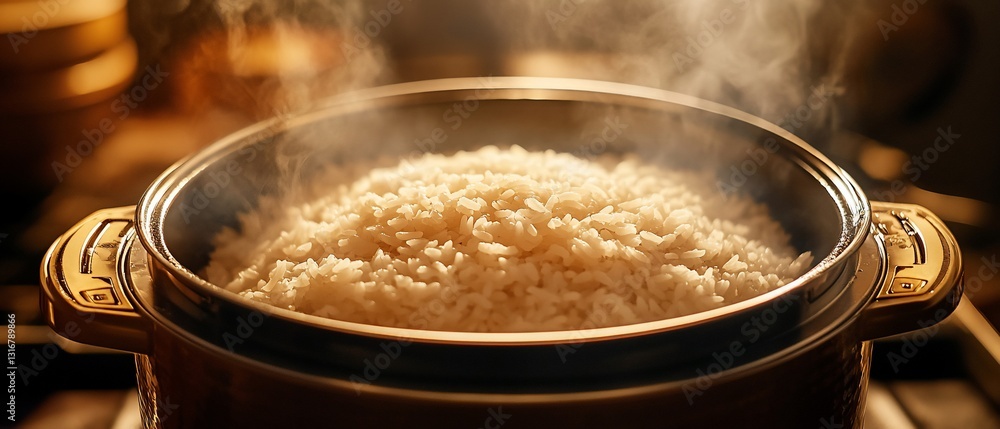 Steaming rice in pot, ready to eat, emits a tasty aroma Steaming rice in pot, ready to eat, emits a tasty aroma