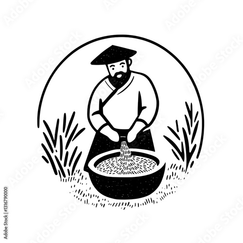 Rice farmer skillfully sifting grain under a bright sun in a serene countryside setting surrounded by lush greenery