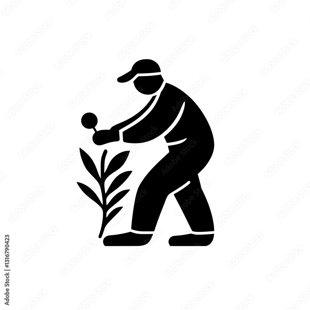 Gardener tending to young plant in a tranquil setting during springtime growth Gardener tending to young plant in a tranquil setting during springtime growth