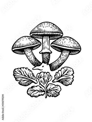 Mushrooms and greens entwined in a captivating botanical illustration celebrating nature’s beauty and intricate design