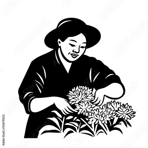 A skilled woman tending to vibrant flowers with care in a tranquil garden setting during the warm afternoon light