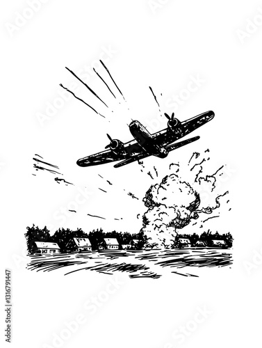 Mid-century aircraft flies low above urban landscape, executing a dramatic maneuver during a fictional conflict at dusk