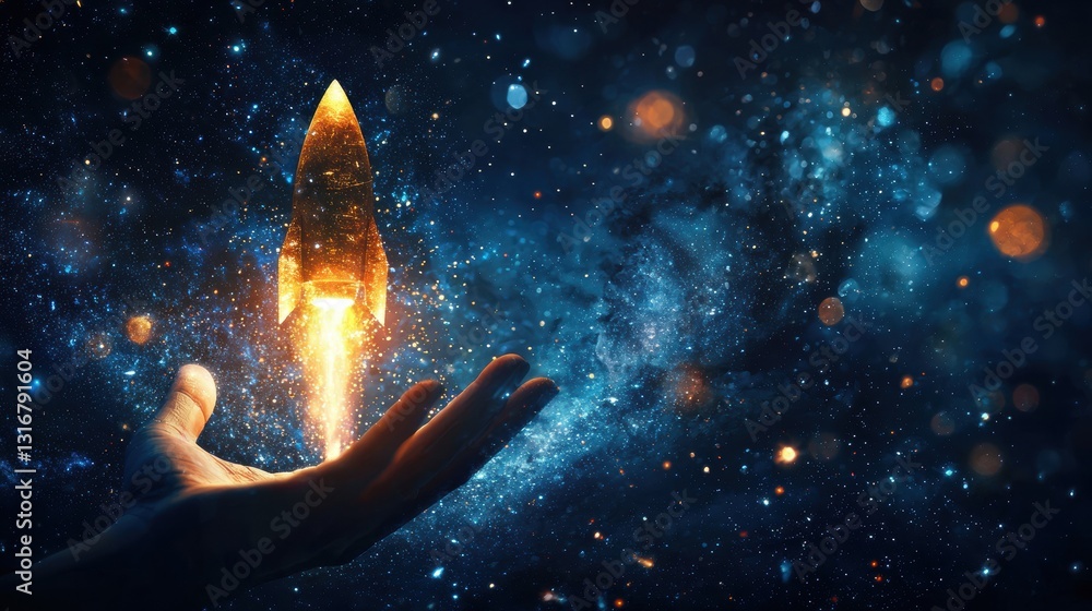 Fototapeta premium Hand Holding a Glowing Rocket Near a Galaxy in a Dark Starry Sky