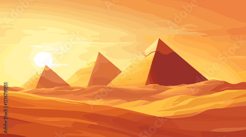Pyramids of Giza in the desert at sunset with golden sands and warm light