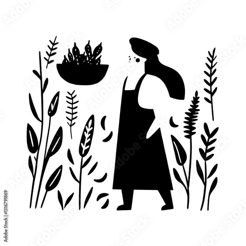 Creative gardener in silhouette gathering fresh herbs in a lush garden surrounded by vibrant plants and foliage