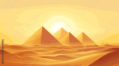 Pyramids of Giza in the desert glowing at sunrise with golden sands and soft light