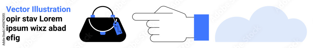 Black handbag with blue details, pointing hand, soft cloud. Ideal for fashion, style, branding, navigation, guidance web design advertisement themes. Perfect for flat landing page banner Black handbag with blue details, pointing hand, soft cloud. Ideal for fashion, style, branding, navigation, guidance web design advertisement themes. Perfect for flat landing page banner