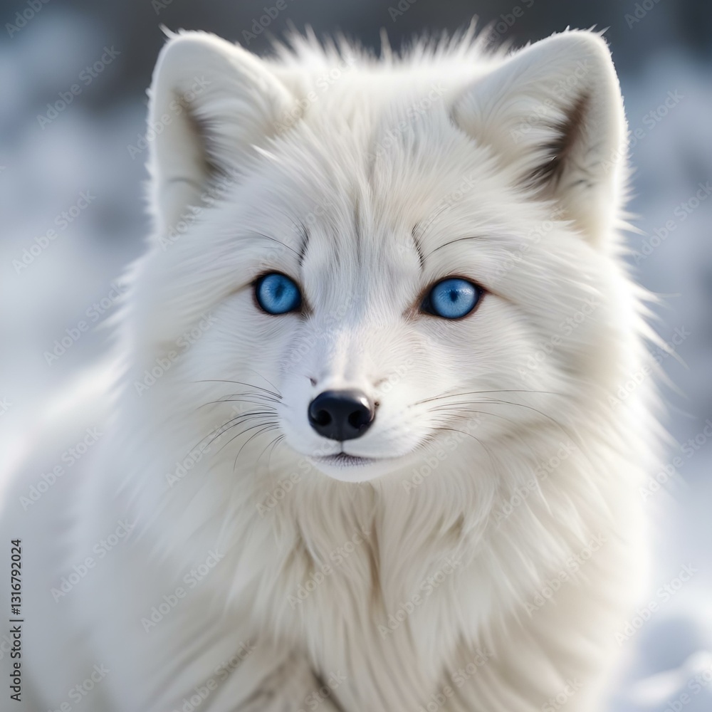 Winter Portrait of a Female Arctic Fox with Clear Blue Eyes and Fluffy Fur Winter Portrait of a Female Arctic Fox with Clear Blue Eyes and Fluffy Fur