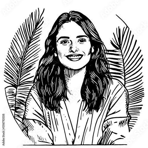 Bright smile radiates joy amidst lush greenery in a stylish vector illustration capturing a moment of happiness