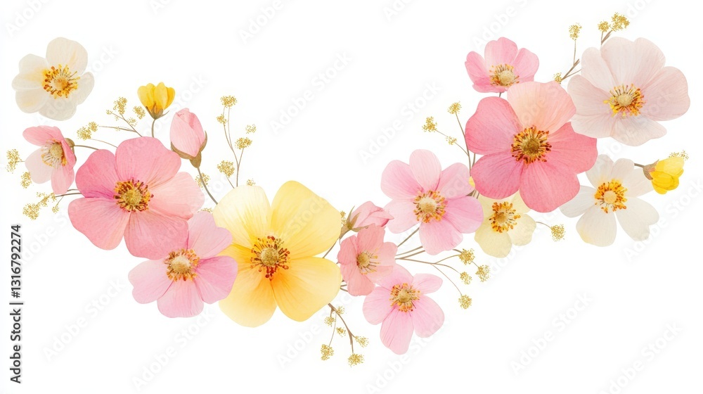 A Delicate Arrangement of Colorful Spring Flowers on White Background A Delicate Arrangement of Colorful Spring Flowers on White Background