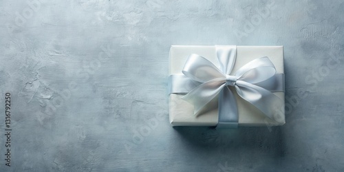 A pristine white gift box, adorned with a delicately tied light-blue satin ribbon, rests on a textured blue surface, creating a serene and elegant presentation.