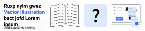 Open book for learning, question mark for curiosity, billing document with payment icon for finance. Ideal for education, problem-solving, research, transactions, engagement, organization abstract