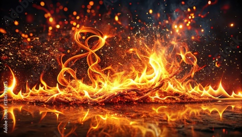 Fiery Embers Reflecting in a Darkened Surface A Dramatic Close-Up of Burning Wood with Sparks and Glowing Particles