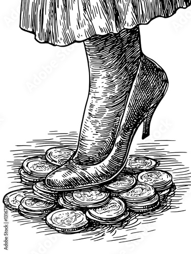 Elegant foot stepping on a pile of coins in a whimsical vector illustration depicting wealth and prosperity