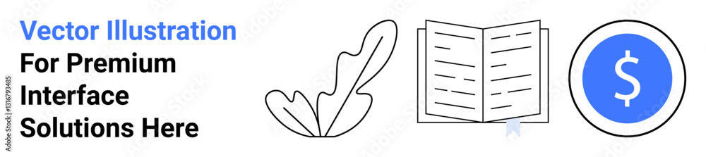 Leaf outline, open book with bookmark, coin symbolizing monetary value. Ideal for education, content making, finance, minimal web design, business services, creative tools flat landing page banner Leaf outline, open book with bookmark, coin symbolizing monetary value. Ideal for education, content making, finance, minimal web design, business services, creative tools flat landing page banner