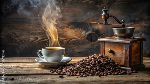 Aromatic Steam Rising from a Cup of Freshly Brewed Coffee Beside a Vintage Grinder and Roasted Beans on Rustic Wooden Surface