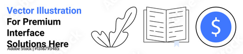 Leaf outline, open book with bookmark, coin symbolizing monetary value. Ideal for education, content making, finance, minimal web design, business services, creative tools flat landing page banner