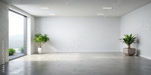 Bright, airy minimalist room with potted plants and large window showcasing sunlight on polished concrete floor