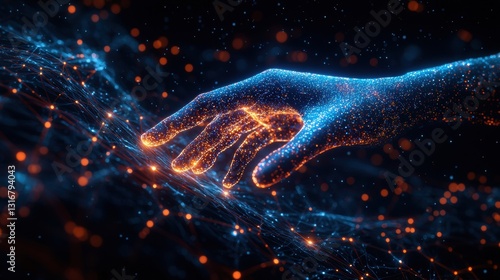 Hand Reaching Towards Glowing DNA Strand in a Digital Biology Environment with Sparkling Particles