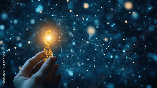 Hand Holding a Glowing DNA Strand Against a Futuristic Biological Background of Stars and Connections