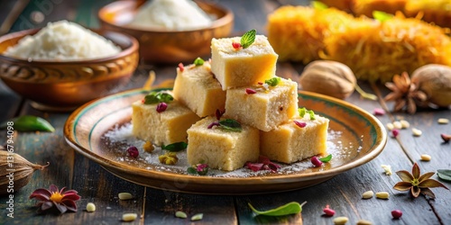 Delicious Creamy Cubes of Sweet Treat on Rustic Wooden Surface with Powdered Sugar and Garnish