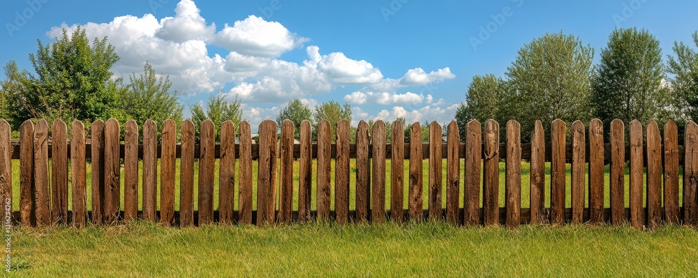 Obraz premium Wooden Fence Under Bright Blue Sky with Fluffy White Clouds
