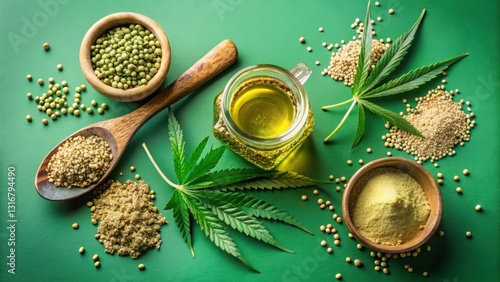 Artisan Hemp Products Oil, Seeds, and Powder Displayed on a Green Surface
