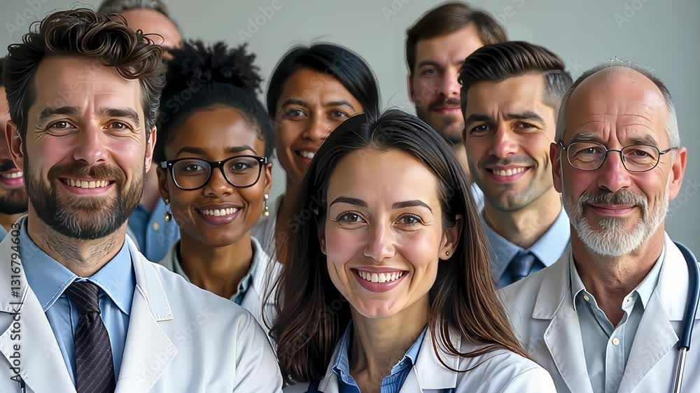 Group of multi-ethnic medical researchers and scientific staff in white coats and business attire standing together representing management of research center Group of multi-ethnic medical researchers and scientific staff in white coats and business attire standing together representing management of research center