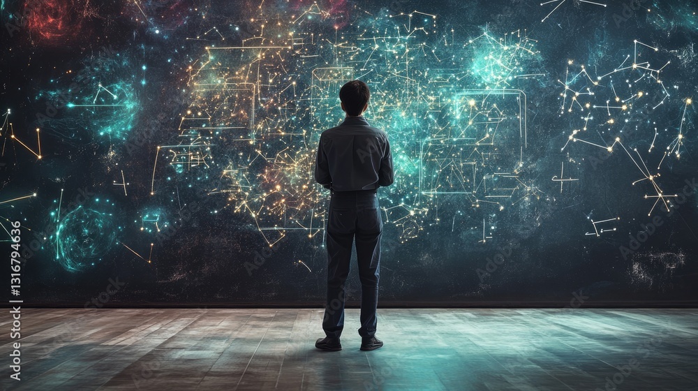 Obraz premium Person Observing Cosmic Digital Art Display with Stars, Constellations and Space Elements in a Dark Room