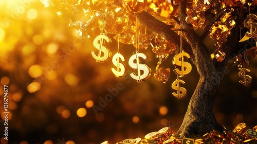 Golden Money Tree with Dollar Signs Shining Brightly in a Warm, Glowing Sunset Environment
