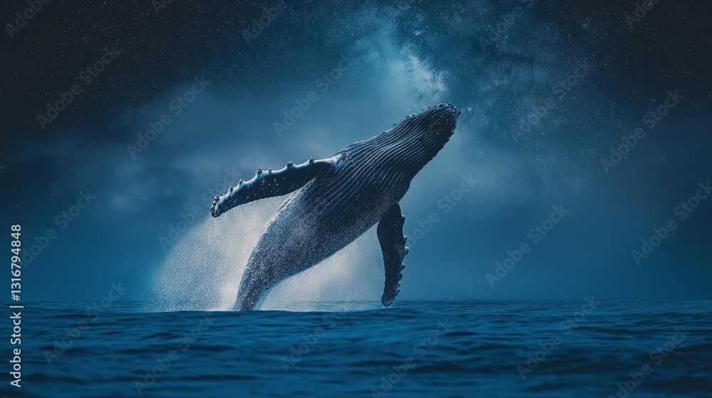 Fototapeta premium A majestic humpback whale breaching under a starry sky.