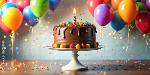 A delightful chocolate cake, adorned with colorful candies and a single lit candle, sits on a white cake stand, surrounded by vibrant balloons and celebratory confetti, creating a festive atmosphere.