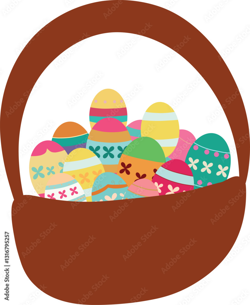 Fototapeta premium Charming Easter egg basket illustration filled with colorful, decorated eggs. Perfect for greeting cards, invitations, and festive designs. Ideal for Easter-themed projects and spring celebrations.