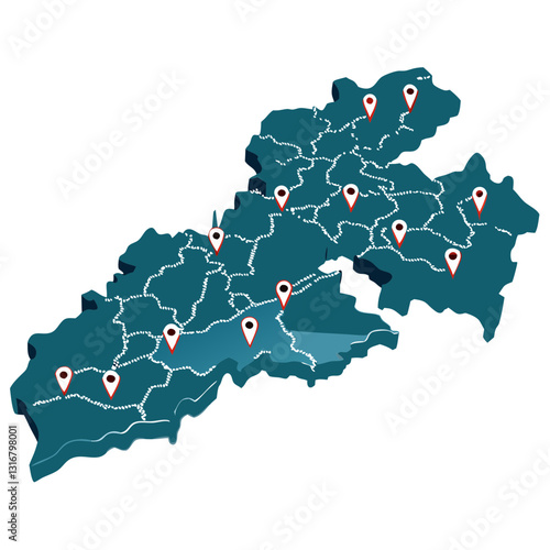 Detailed Regional Map with Multiple Location Markers for Geographic Analysis