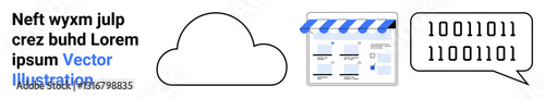 Cloud icon, online storefront image with awning, and speech bubble containing binary code. Ideal for cloud services, online shopping, web development, coding, digital marketing, technology data