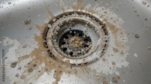 Dirty metal sink with drain covered in soap scum and food debris, wet and unkempt look.