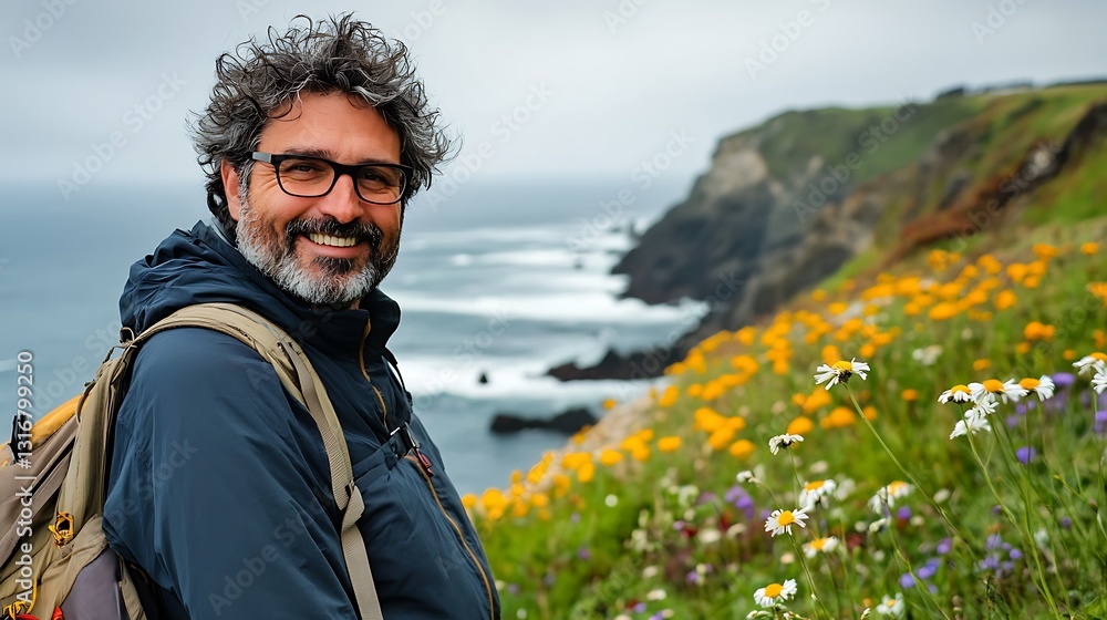 Man Hiking Coastal Trail with Wildflowers and Ocean View Man Hiking Coastal Trail with Wildflowers and Ocean View