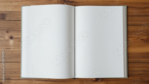 An open blank book on a wooden table, inviting creativity and inspiration for your next writing or artistic project. photo