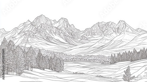 Rocky Mountain Majesty Line Art - Serene mountain landscape drawing, showcasing majestic peaks, tranquil forest, and expansive valley. Symbolizing nature, peace, adventure, serenity, and escape photo