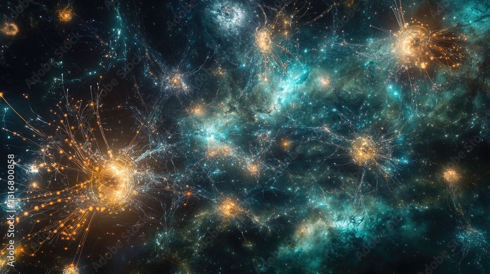 Fototapeta premium Cosmic Energies and Star-like Entities Emitting Light in a Colorful Celestial Background