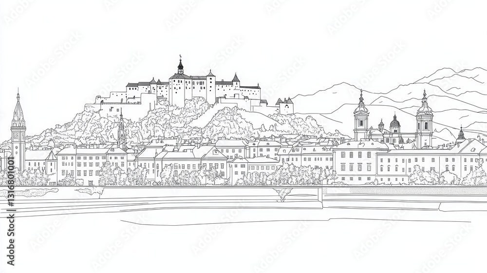 Fototapeta premium Salzburg Cityscape Line Drawing - Line drawing illustration of Salzburg, Austria, featuring Hohensalzburg Fortress and the city's architecture. A picturesque, detailed sketch