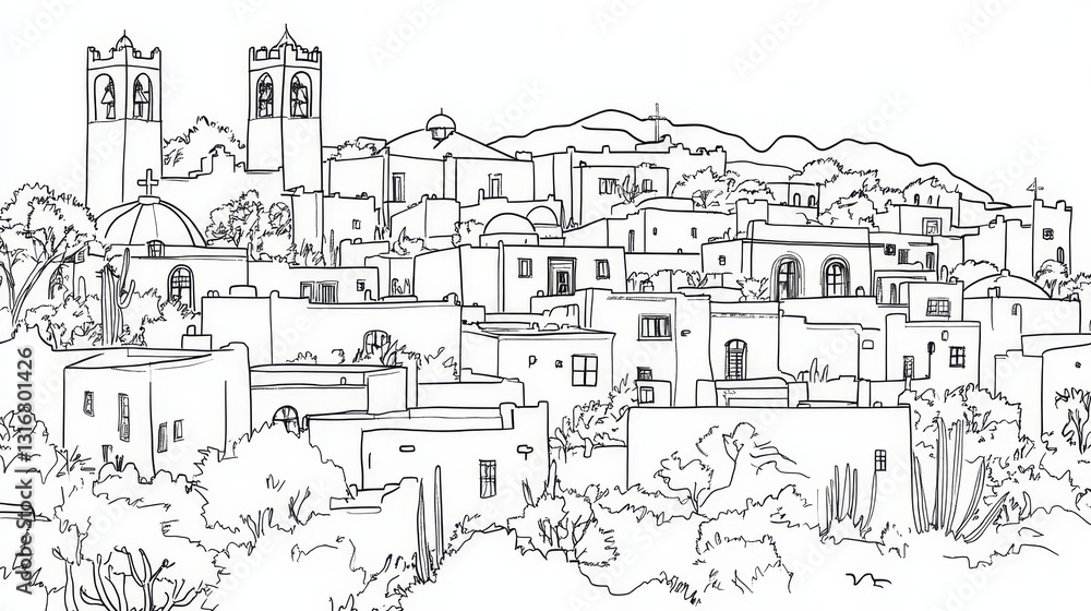 Obraz premium Santa Fe New Mexico Line Art Coloring Page - Single line drawing of Santa Fe, New Mexico architecture, showcasing adobe buildings, churches, and hills; symbolizing history, culture, art, landscape
