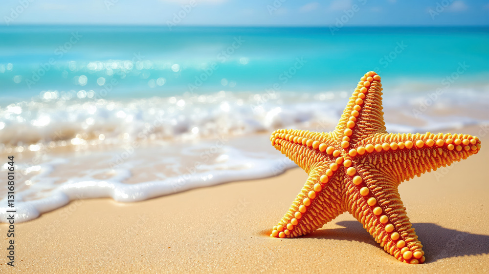Summer Starfish on Golden Sand with Bright Ocean and Sky Summer Starfish on Golden Sand with Bright Ocean and Sky