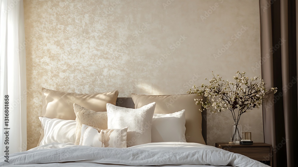 A serene bedroom with neutral tones, plush pillows, and decorative plants. A serene bedroom with neutral tones, plush pillows, and decorative plants.