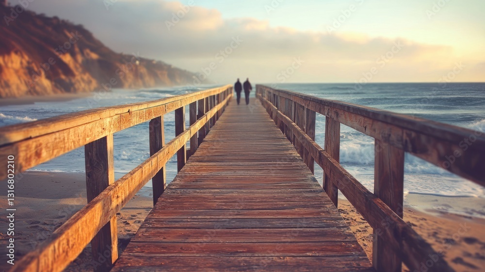 Tranquil Sunset Stroll: Two Figures Walk a Wooden Pier Extending to the Ocean Tranquil Sunset Stroll: Two Figures Walk a Wooden Pier Extending to the Ocean