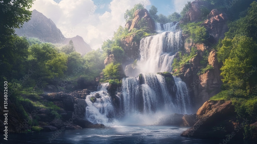 Fototapeta premium Majestic Waterfall Cascading Over Rocky Cliffs Surrounded by Lush Greenery Under a Bright Blue Sky