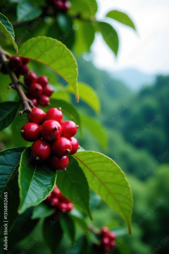 Lush Costa Rican coffee plant laden with ripe red cherries , red coffee beans, growth, botanical Lush Costa Rican coffee plant laden with ripe red cherries , red coffee beans, growth, botanical