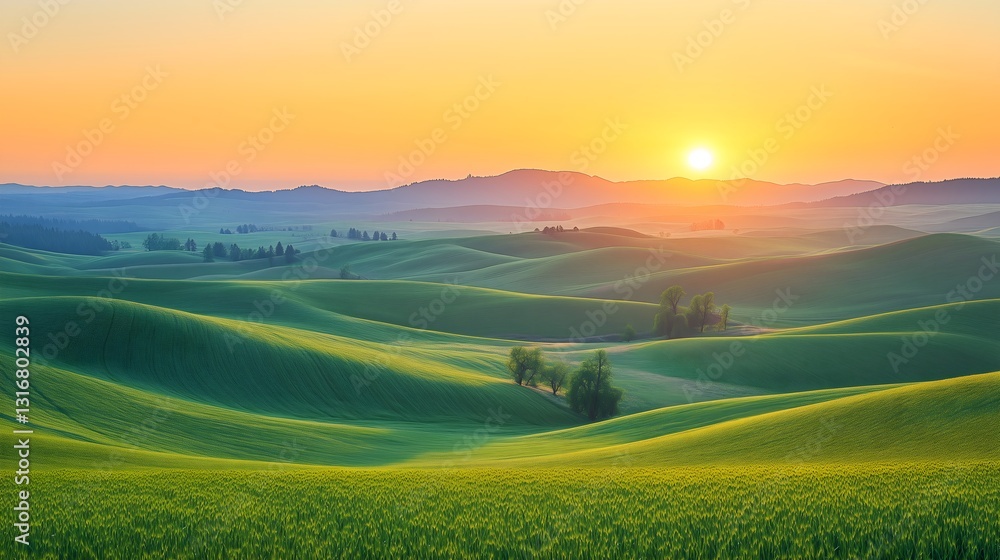 Fototapeta premium Stunning sunrise over the rolling hills of Palouse, Washington with vibrant greens and soft light